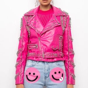 AZALEA WANG Hot Pink Spiked Studded Faux Leather Moto Jacket
